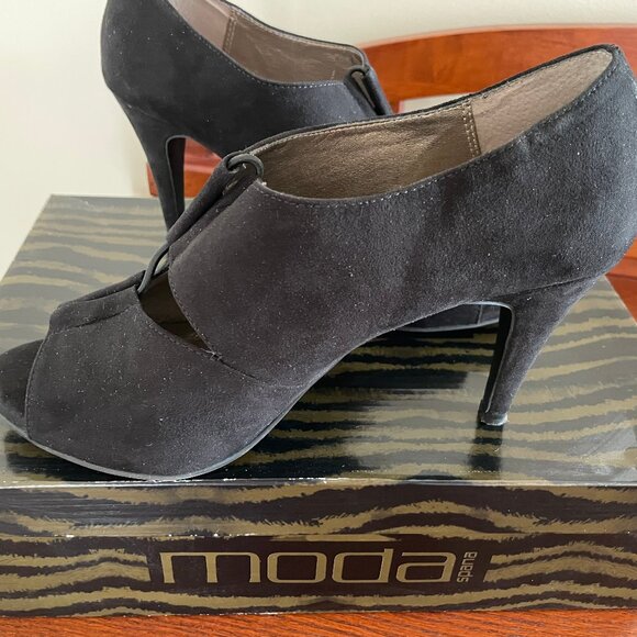 Moda Black Suede Open Toe Bootie Heel sz 8.5 - Picture 3 of 3